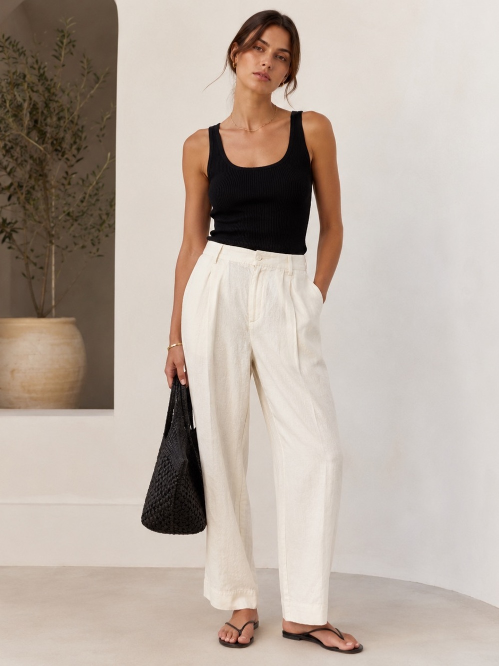 Massimo Dutti White Linen Wide Leg Pants Quiet Luxury